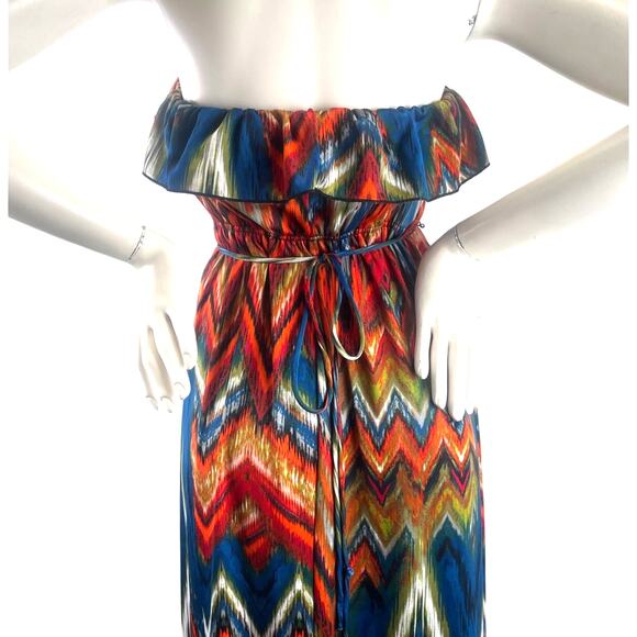 Halo Strapless Chevron Maxi Multi Fall Color Ruffle Top Elastic Belted Waist XL - Picture 7 of 11